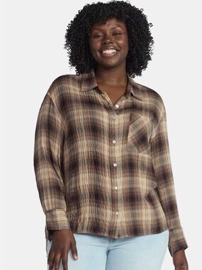 Terra And Sky Raven Brown Textured Plaid Button Down Curved Shirttail Blouse
